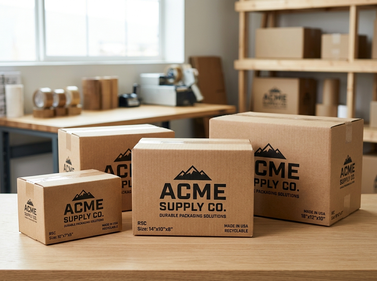 Custom printed kraft corrugated shipping boxes in various RSC dimensions