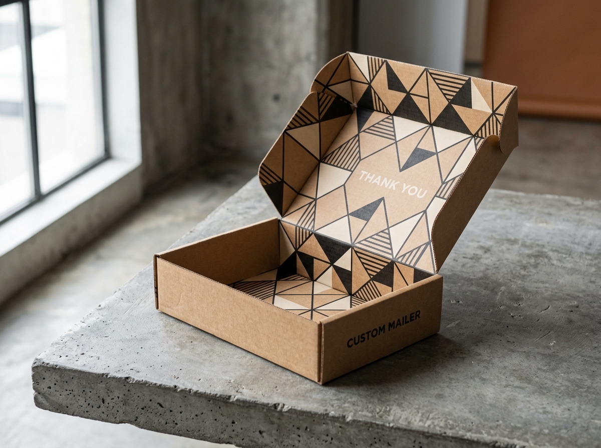 Custom mailer box open at 45 degree angle showing printed geometric interior pattern