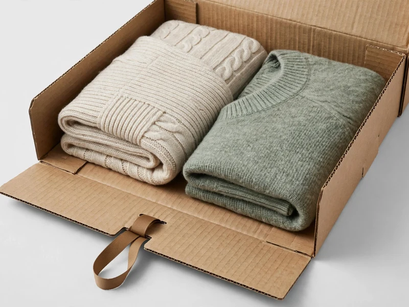 Interior corrugated tray holding neatly folded knitwear with ribbon pull tab