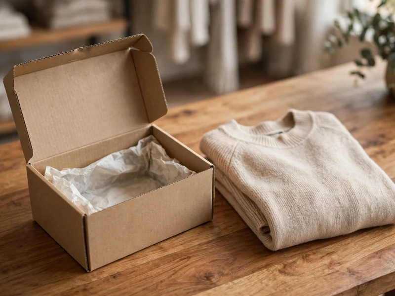 Fashion boutique retail unboxing with apparel sleeve box on hardwood surface