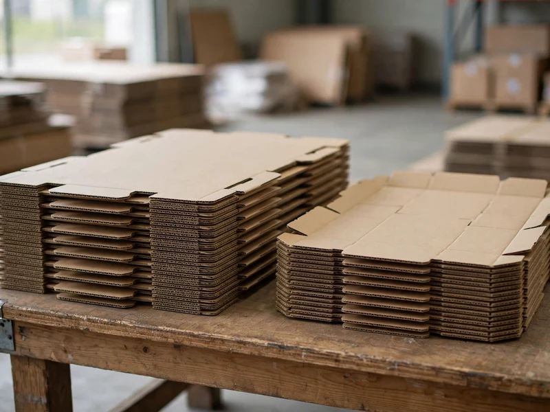 Flat-packed sleeve and tray components stacked for compact warehouse storage