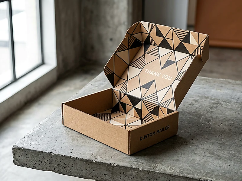 Open custom mailer box showing high-density botanical interior pattern printing on lid