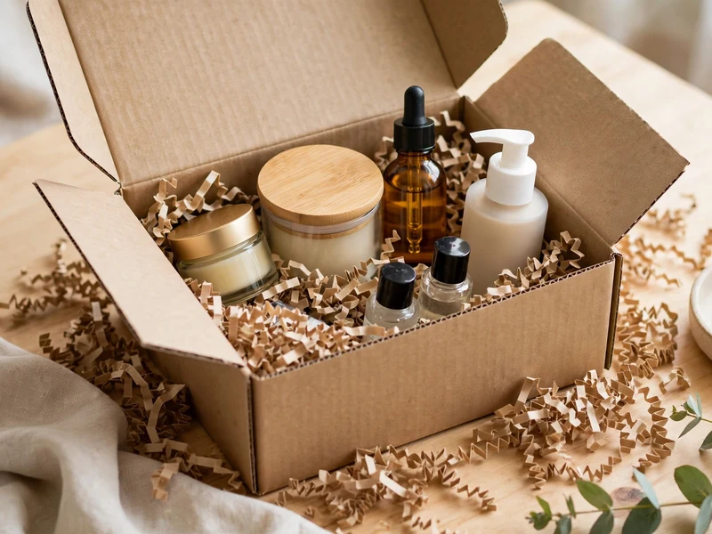 In-use unboxing scene packed with skincare jars, cosmetic bottles, and natural crinkle paper