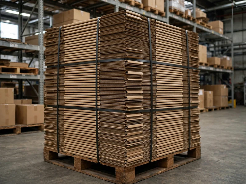 Warehouse stack of flat-packed mailer boxes palletized for freight shipping