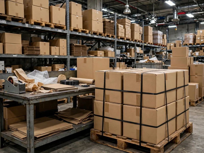Warehouse fulfilment station with packed shipping cartons ready for pallet strapping