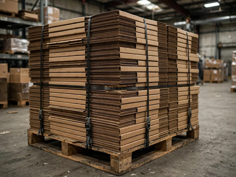Pallet stack of flat-packed RSC cartons strapped for commercial freight dispatch