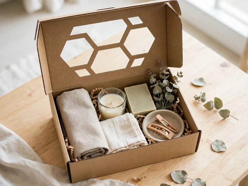Packed specialty die-cut box with retail merchandise displayed through clean contours
