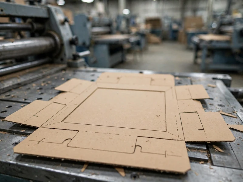 Flat dieline sheet fresh off rotary die-cutting press with clean kiss-cuts