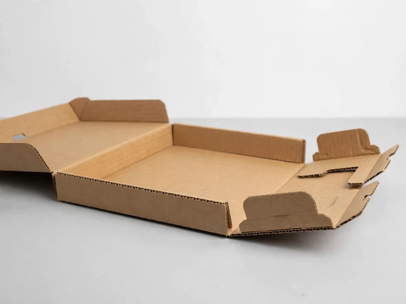 Open flat mailer box showing slim 1-inch depth profile and fold-over locking wings