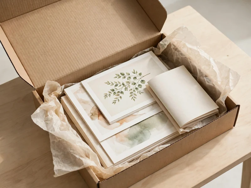 Packed flat mailer with art prints, catalog, and protective parchment paper