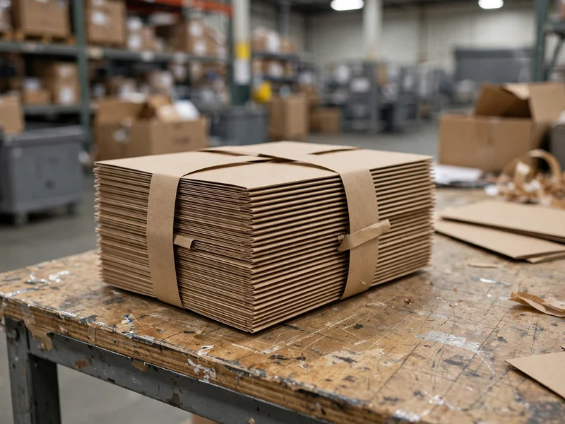 Flat-packed bundle of 50 low-profile mailers taking minimal bench storage space