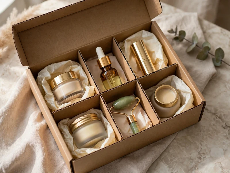 Luxury cosmetic kit securely nestled into partitioned mailer box ready for customer opening