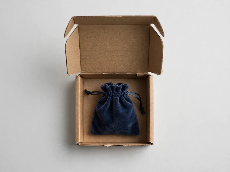 Open mini mailer box showing small interior cavity with jewelry pouch inside