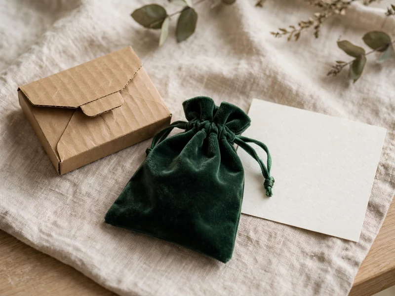 Jewelry packaging set with mini mailer box, velvet bag, and certificate card