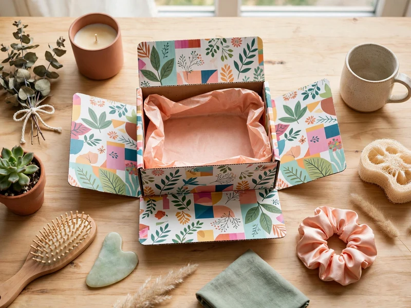 Retail brand unboxing showcase with printed mailer surrounded by lifestyle items