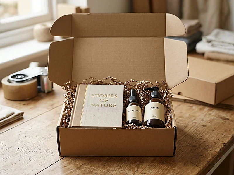 Packed standard mailer box with books, skincare jars, and packing tissue ready for courier