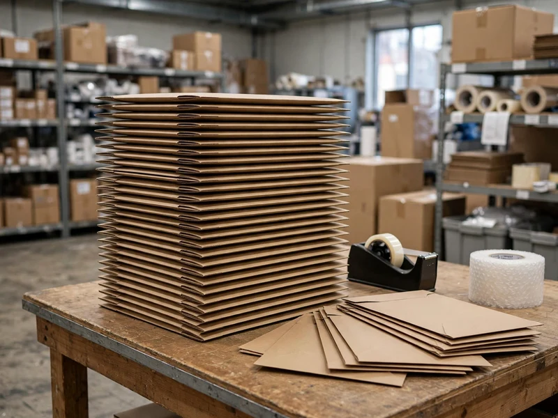 Neatly organized warehouse stack of flat-pack standard mailers on shipping table