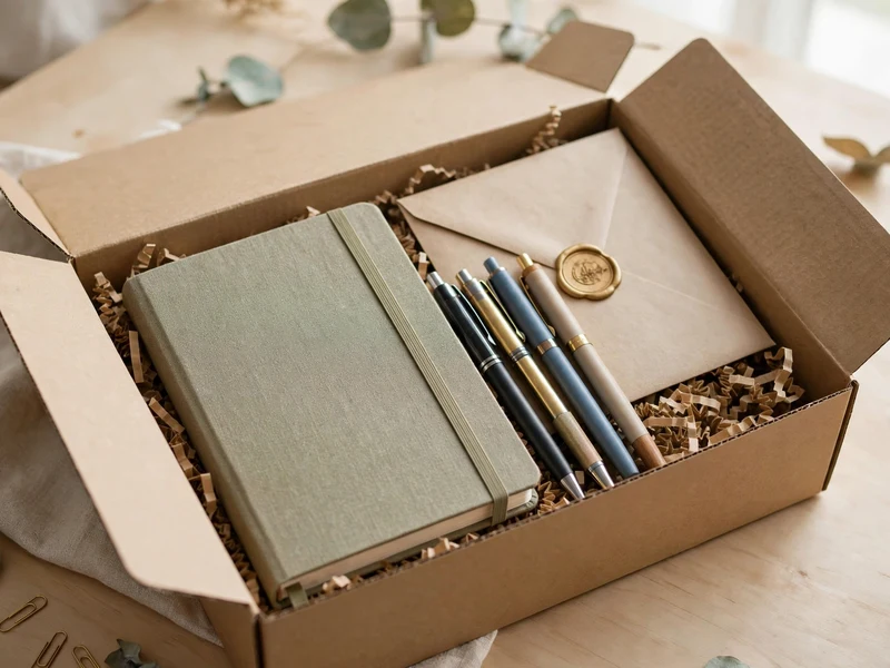 Packed stationery subscription box with pens, planner, and wax seal envelope
