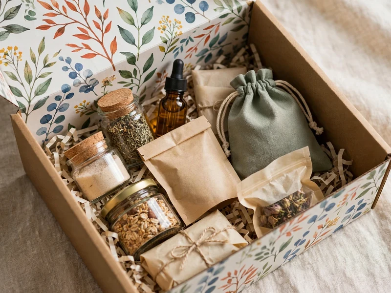 Open subscription mailer box with curated monthly products arranged inside printed interior