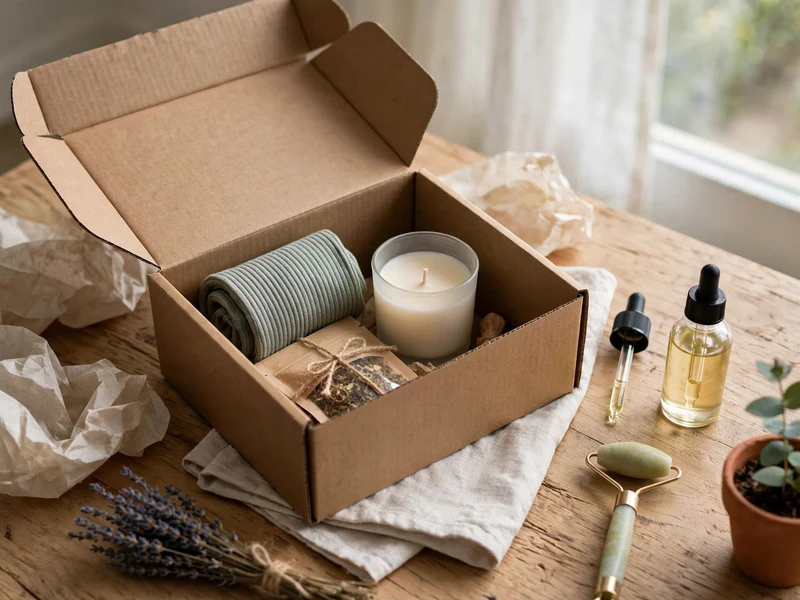 Member unboxing scene with subscription mailer box and monthly lifestyle products