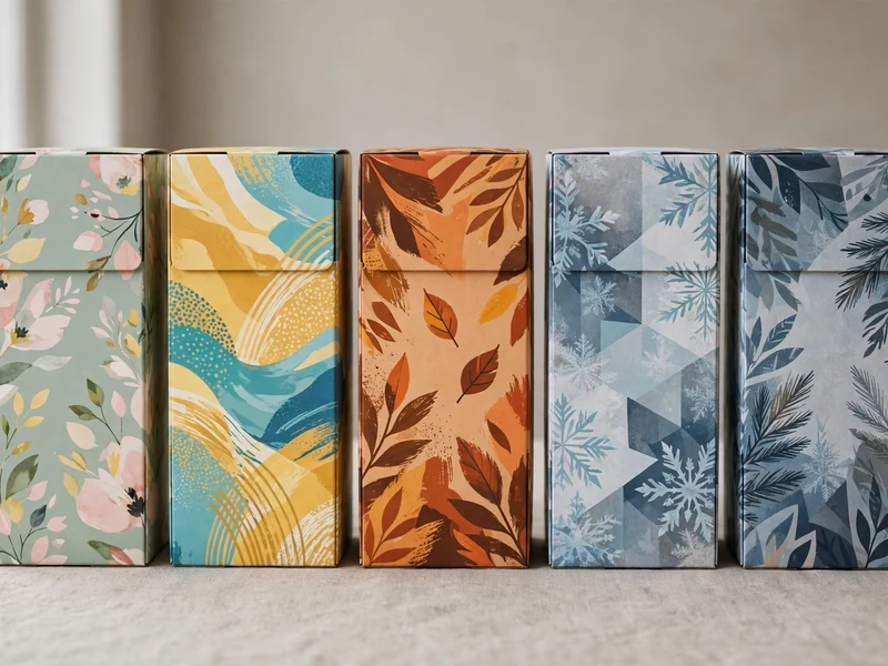 Lineup of subscription mailer boxes in seasonal artwork variations on one standing dieline