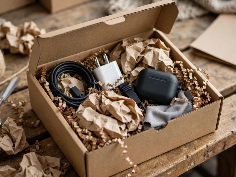 Packed tuck-top mailer with electronics accessories cushioned in natural paper fill
