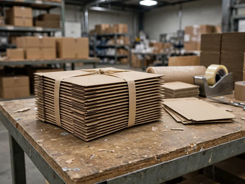 Compact flat-packed bundle of tuck top mailer boxes stored on packaging bench