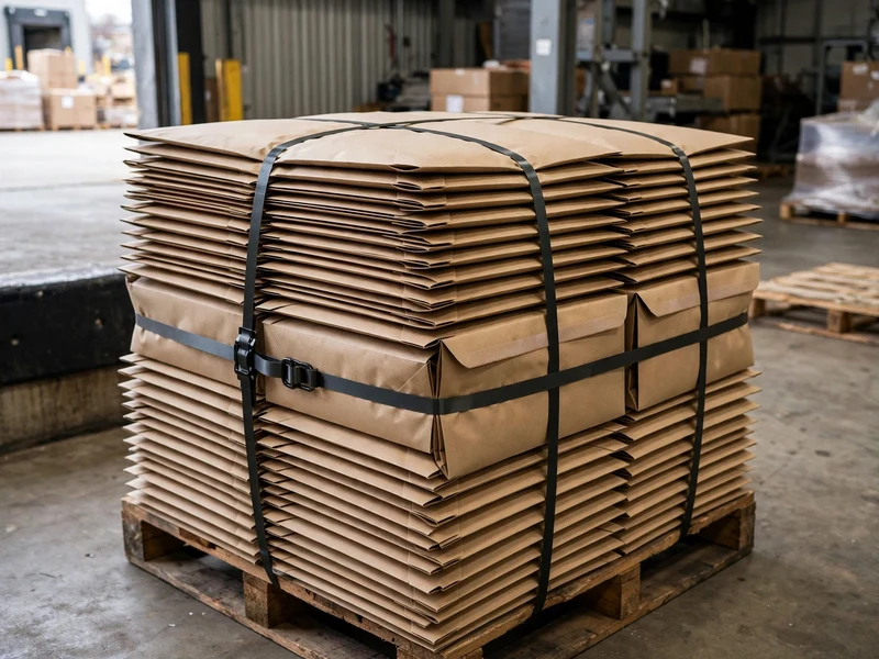 Strapped bundle of 50 flat-packed wholesale mailer boxes for efficient dock loading